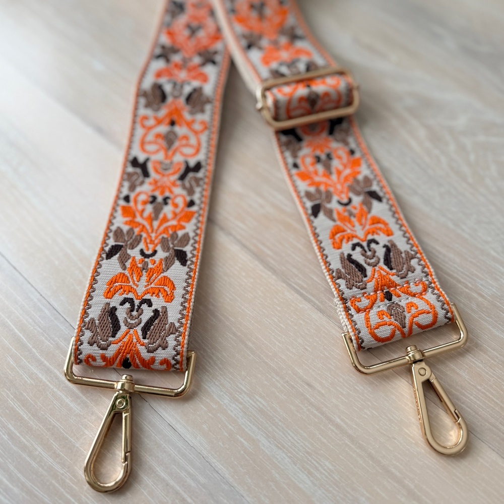 Ahdorned - Floral Interchangeable Embroidered Bag Strap - Cream/Orange